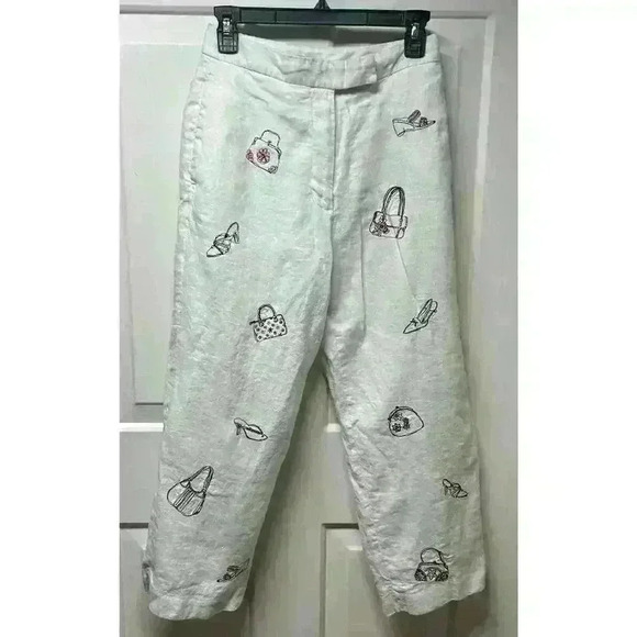 VTG Paraphrase Pants Womens 4 Fashion Embroidered Cropped White Linen - Picture 1 of 10